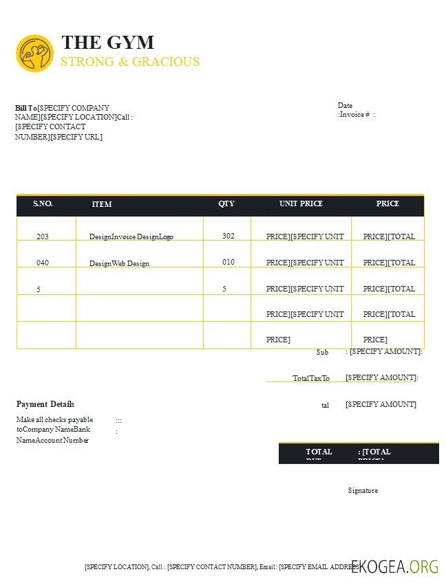 Modèle de facture de salle de sport gratuit